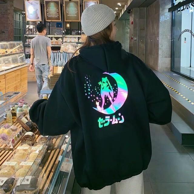 Áo Hoodie Chất Nỉ Ngoại In Thủy Thủ Mặt Trăng Phản Quang Form rộng Unisex Nam Nữ Couple đều mặc được