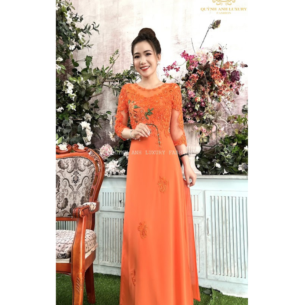 Áo dài dạ hội cho mẹ làm sui gia màu cam cà rốt thêu hoa kết đá cao cấp sang trọng che khuyết điểm