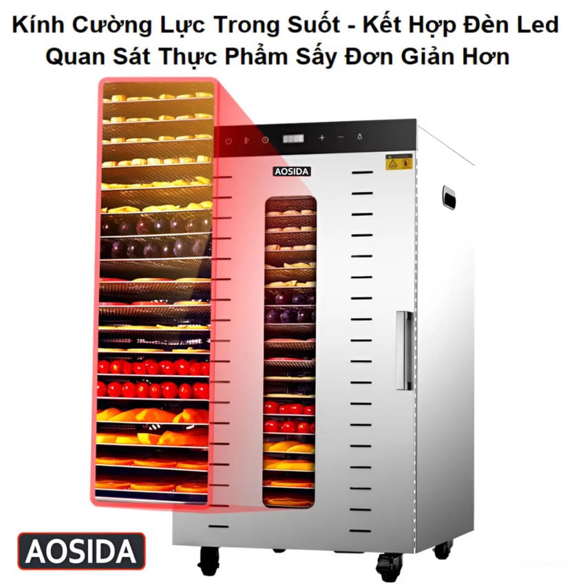 Máy sấy thực phẩm công nghiệp, dung tích 215 lít, 24 khay Thương hiệu Anh Quốc Aosida cao cấp SS-24H - Hàng Nhập Khẩu
