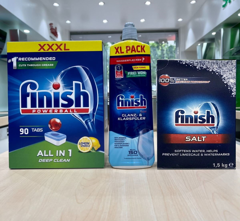 Viên rửa bát finish All in one 90 viên+Nước làm bóng finish 400ml+Muối rửa bát chén finish 1.2kg cho Máy rửa bát