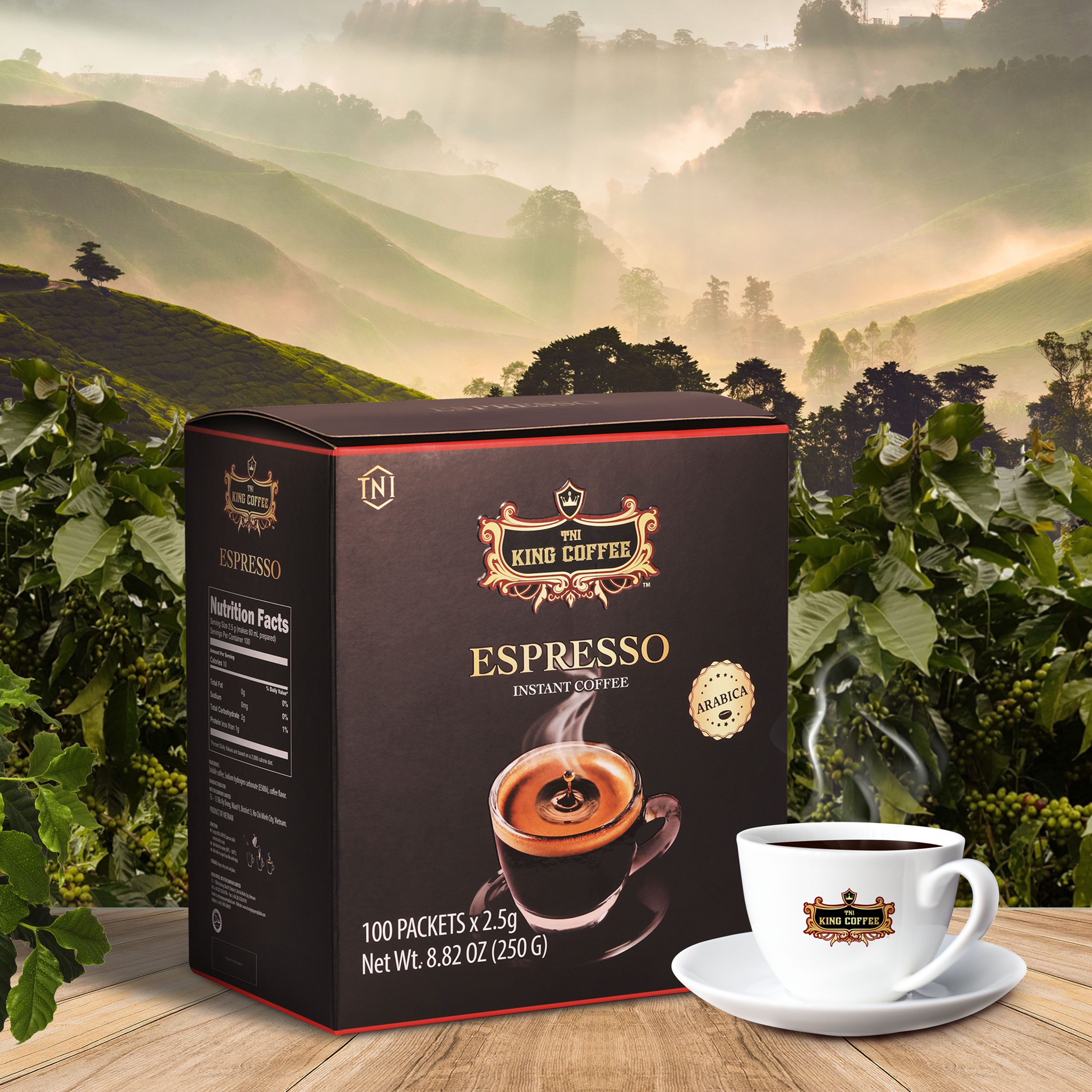 Combo 1 Cà Phê Hòa Tan Espresso KING COFFEE - Hộp 100 gói x 2.5g + Tặng 1 Cà Phê Sữa PLUS Hòa Tan 3in1 KING COFFEE - Hộp 10 gói x 20g