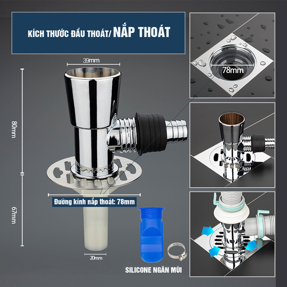 Bộ thoát nước máy giặt, nước thải, chống mùi hôi, ngăn côn trùng lắp thoát sàn, chia 2 khe đứng ngang, Minh House