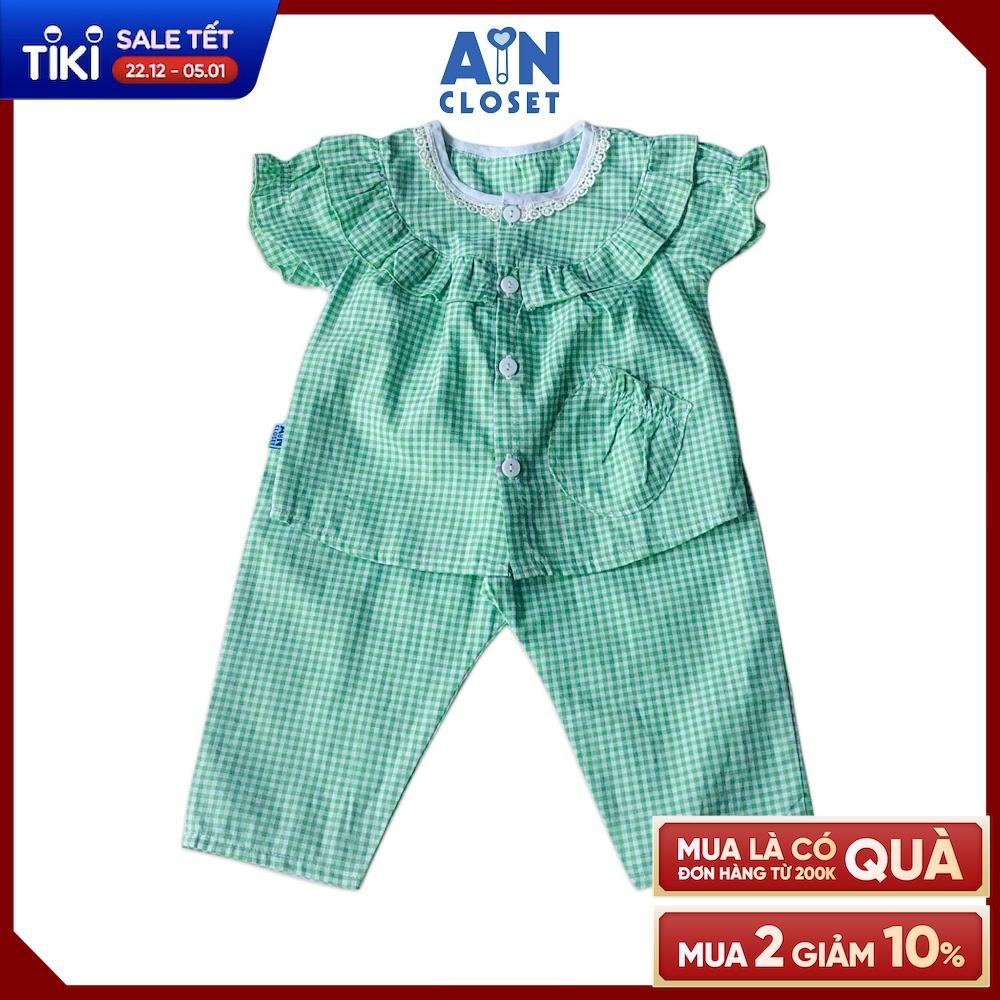 Bộ quần dài áo tay ngắn bé gái họa tiết Caro xanh lá cotton - AICDBG2TKW9Z - AIN Closet