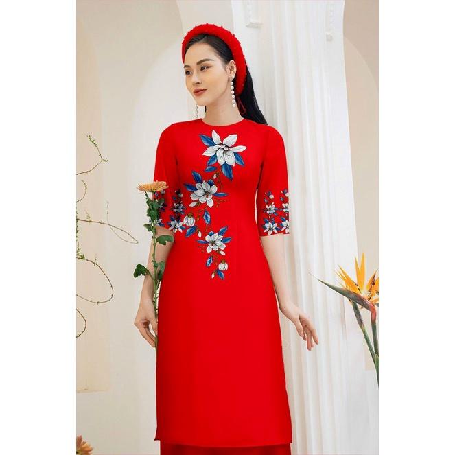 ÁO DÀI CÁCH TÂN HOA LAN ĐỎ TAY PHỒNG