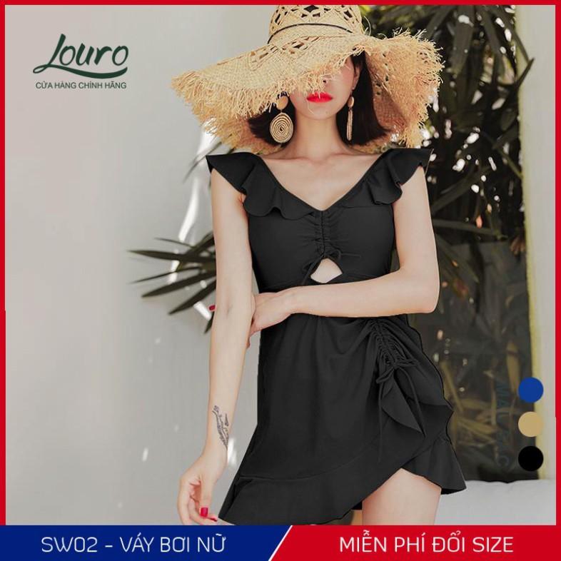 Áo bơi nữ 1 mảnh liền kín đáo Louro, kiểu bikini đi biển tay ngắn chun eo phong cách đồ bơi hàn quốc - SW02