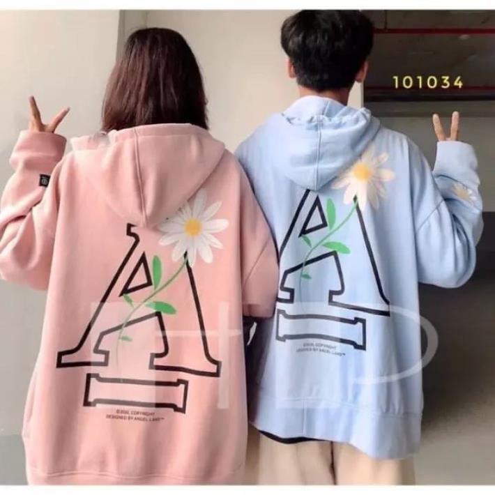 Áo khoác nỉ hoodie trơn Unisex - Thun tay dài form rộng có mũ dáng suông basic in hình họa tiết hoa cúc - TH12