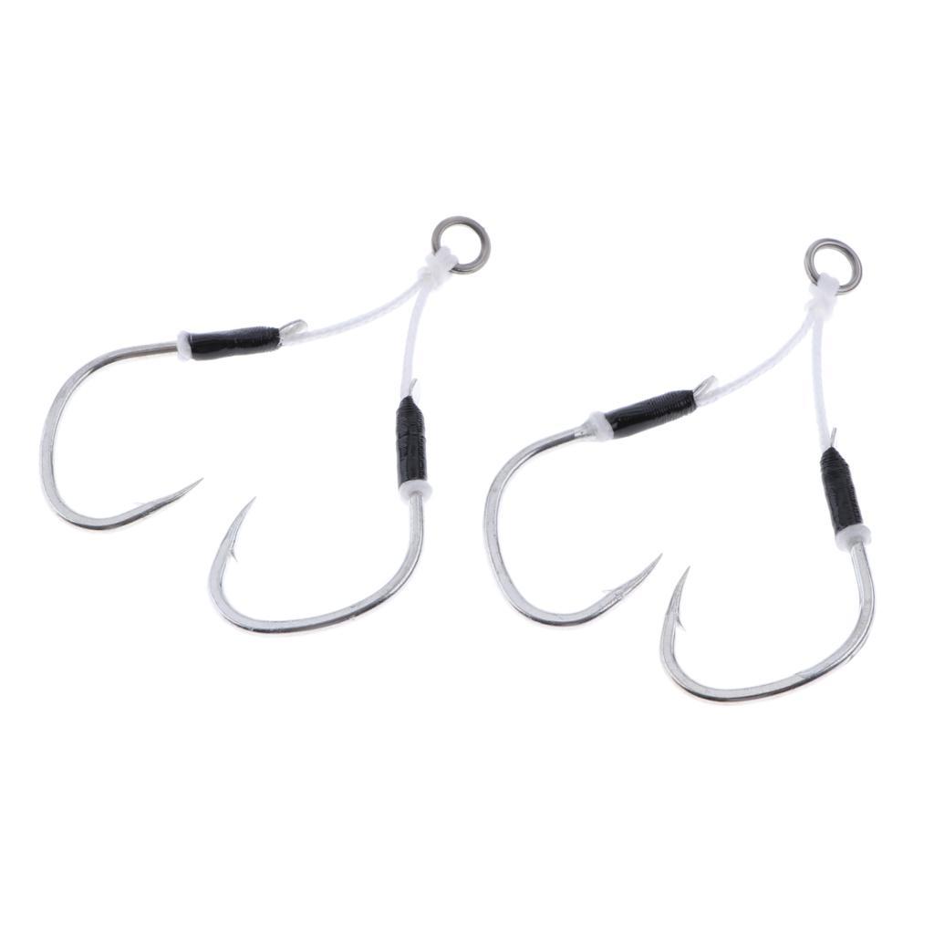 2 Pieces Carbon Steel Fishing Jig Hooks Barbed Assist Hooks With PE Line Fishing Accessories Tackle Tool - Choose Size