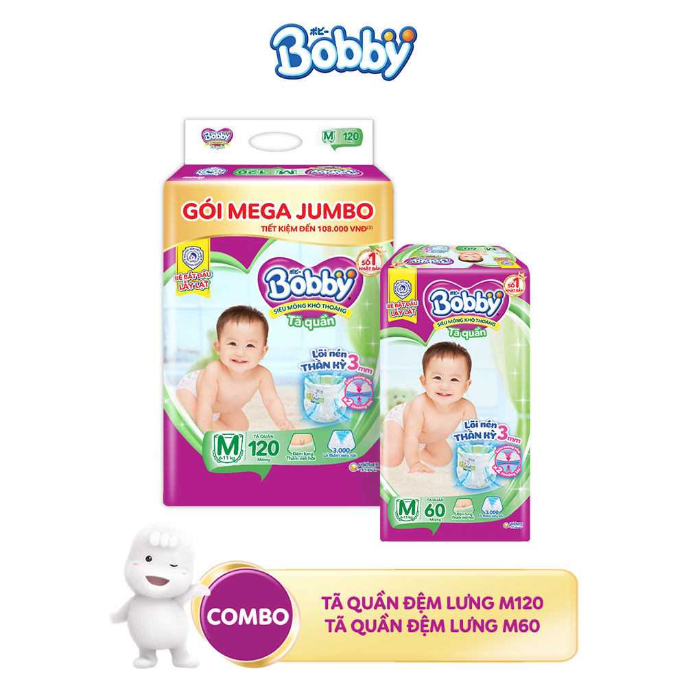 Combo Tã quần Bobby bịch Mega Jumbo + Super Jumbo đủ size M182/L162/XL150/XXL137