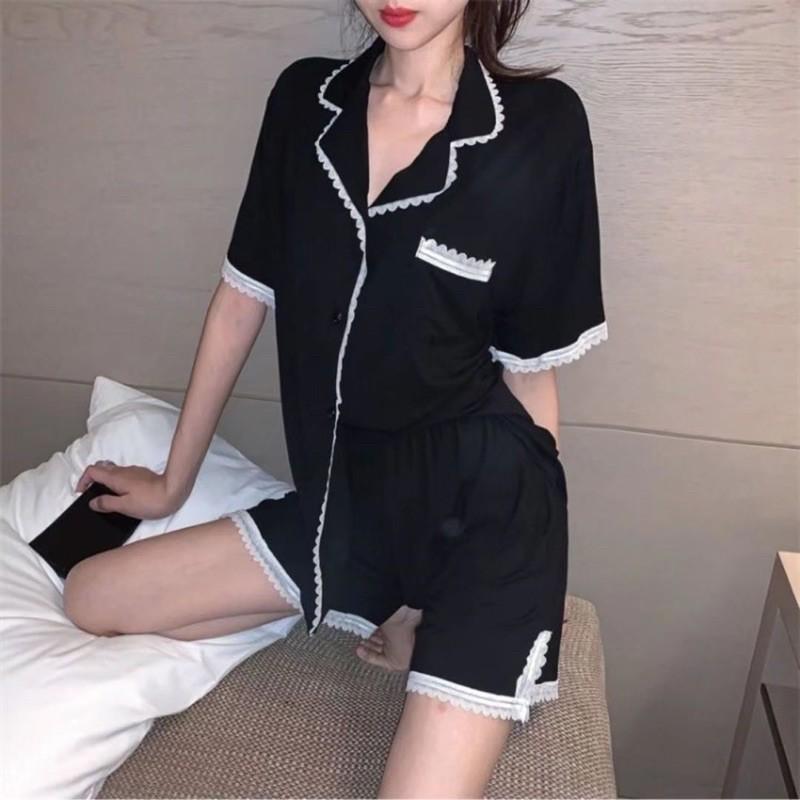Bộ ngủ pijama nữ ngắn tay viền ren tiểu thư