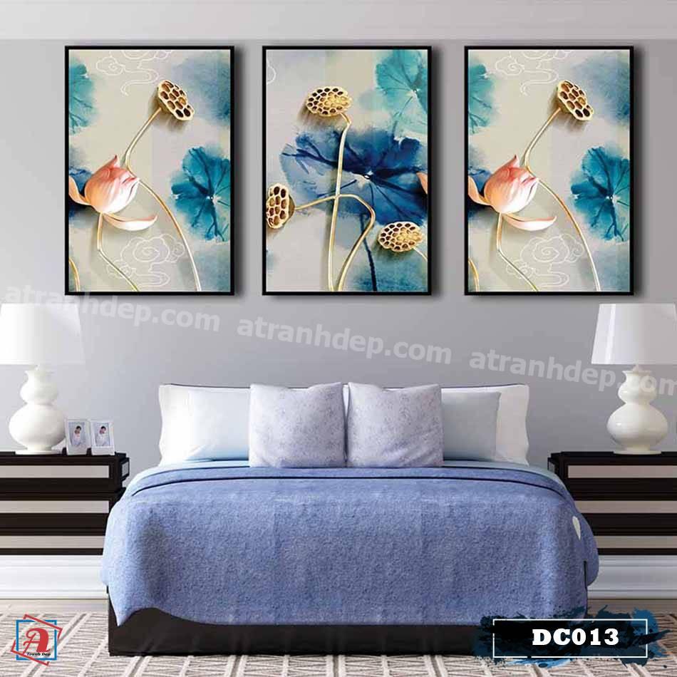 Bộ 3 tranh canvas treo tường decor hoa sen vàng - DC013