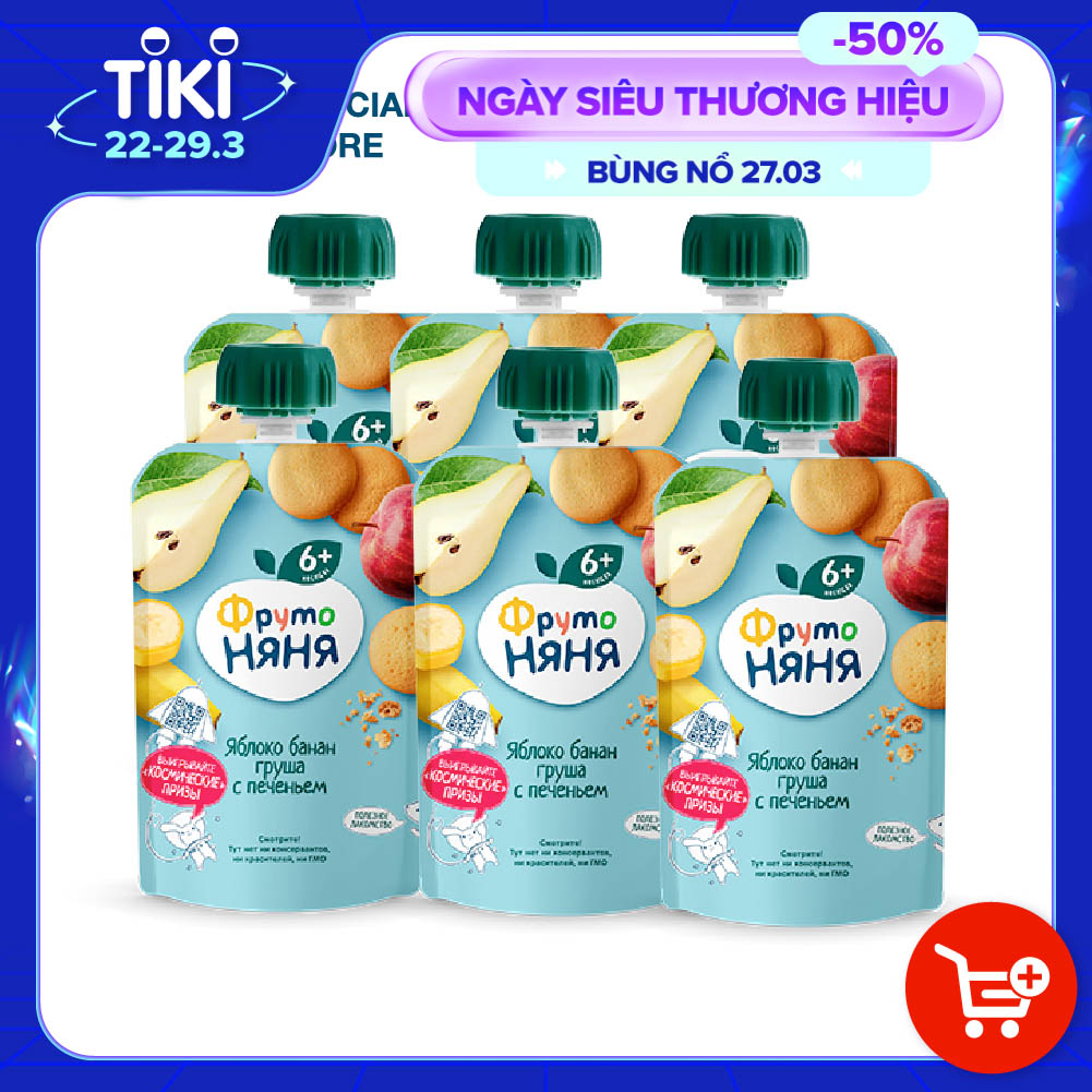 Combo 6 Gói Trái cây nghiền vị táo, chuối, lê và bánh quy Fruto Nyanya 90g