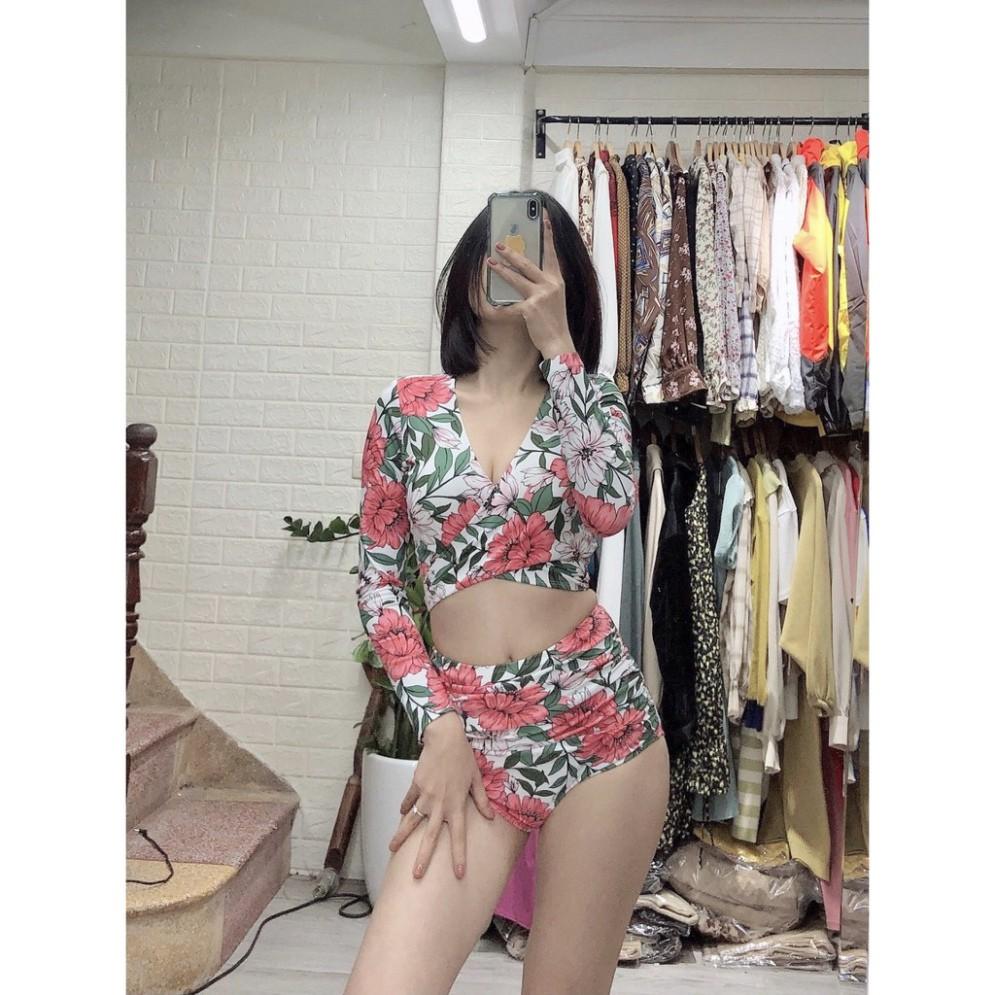 freeship Bikini hai mảnh dài tay ️Freeship️ họa tiết hoa lá hoa hồng quần cạp cao mặc đi biển đi bơi mới nhất