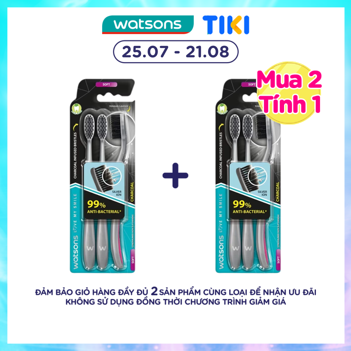 Bàn Chải Đánh Răng Watsons Charcoal Toothbrush (Soft) 3 cây