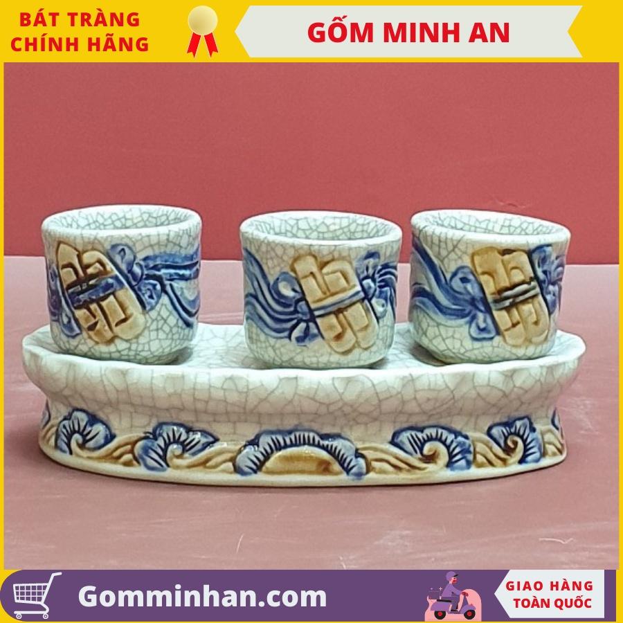 Kỷ Chén Thờ Sứ Men Rạn Đắp Nổi Cao Cấp- Kỷ Cong 3 chén- Gốm Sứ Bát Tràng- Gốm Minh An