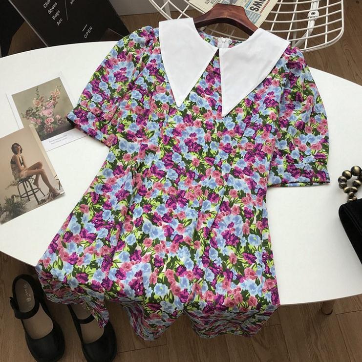 Đầm Hoa Nhí Cổ Lá Vintage Xòe Nhẹ Cực Trend