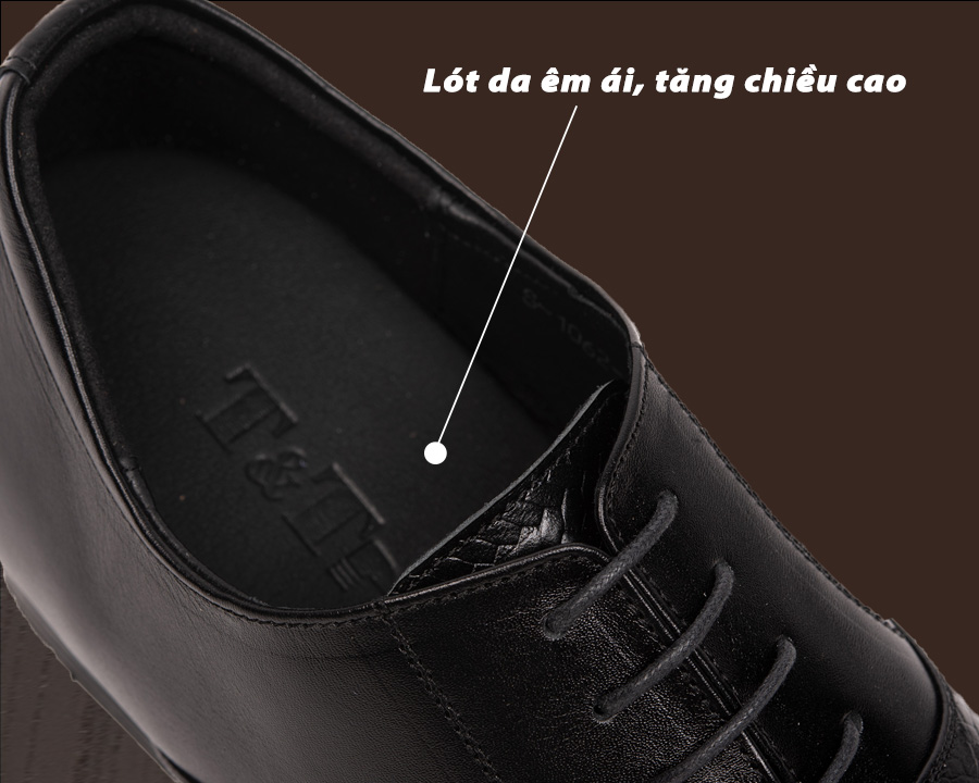 Giày Độn Nam T&amp;TRA Tăng Cao 8Cm- S1062 Đen - Chất Liệu Da Bò Cao Cấp, Đế Cao Su Ghép- Đế Pháp , Phần Tăng Cao Ẩn Bên Trong