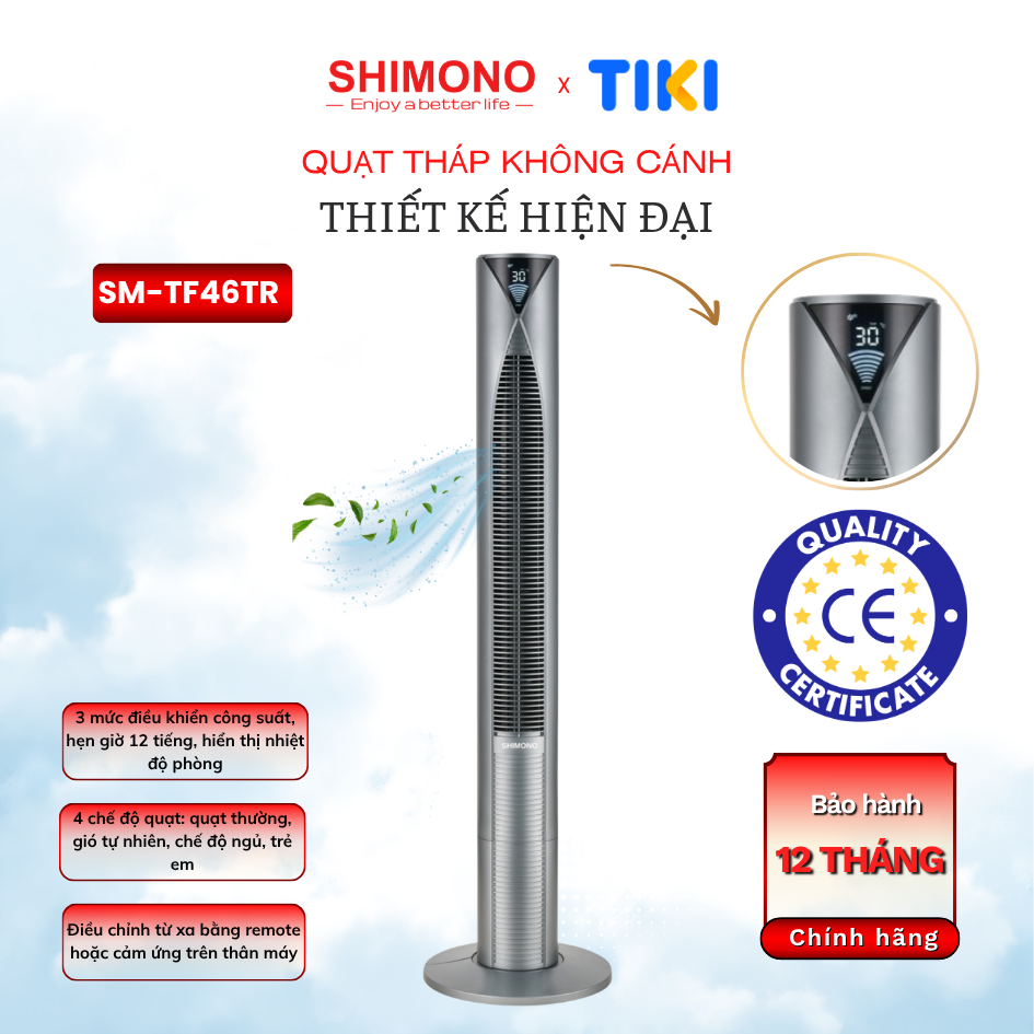 Quạt Tháp SHIMONO SM-TF46TR Kiểu Dáng Sang Trọng Màn Hình Hiển Thị Nhiệt Độ Phòng BH 12 Tháng Hàng Chính Hãng