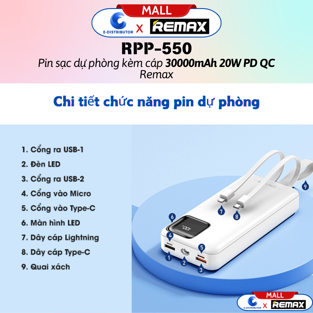 Pin sạc dự phòng kèm cáp 30000mAh 20W PD QC Remax RPP-550 - Hàng Chính Hãng - Bảo Hành 12 Tháng - 4 đầu ra, 2 đầu vào