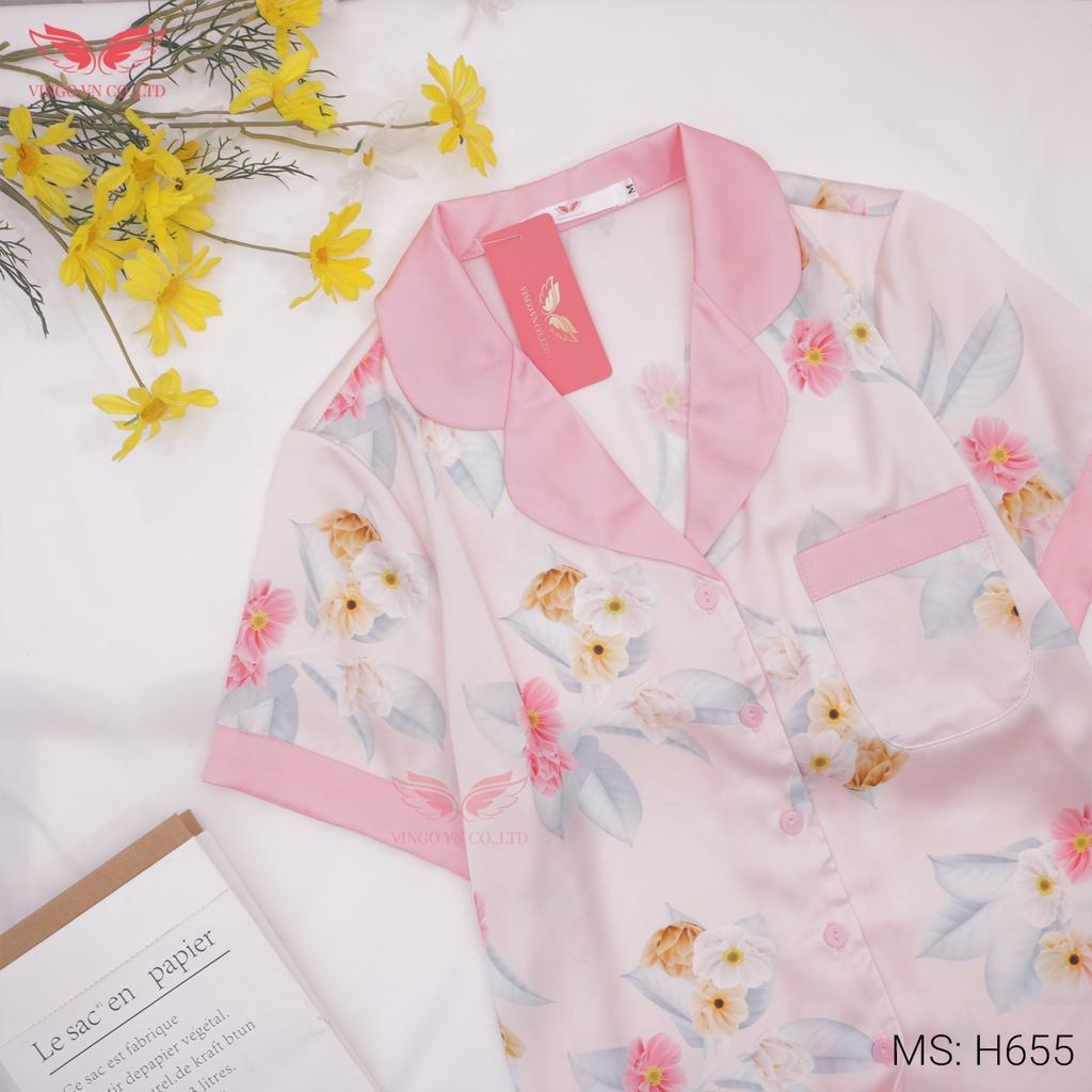 Đồ Bộ Nữ Pijama Mặc Nhà VINGO Lụa Pháp Cao Cấp Tay Cộc Quần Cộc Hoạ Tiết Hoa Viền Hồng Dễ Thương Mùa Hè H655 VNGO