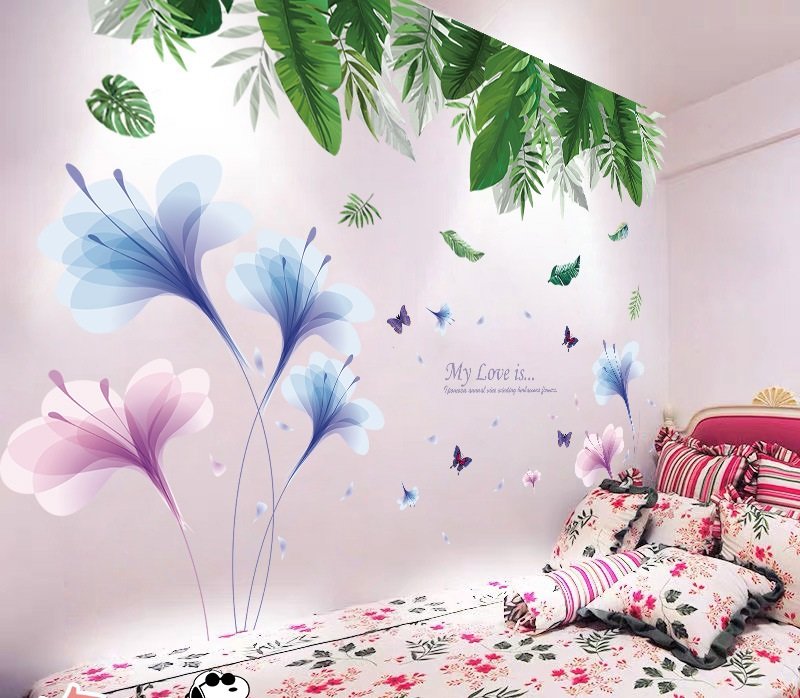 Decal dán tường hoa tím lá xanh lãng mạn sang trọng