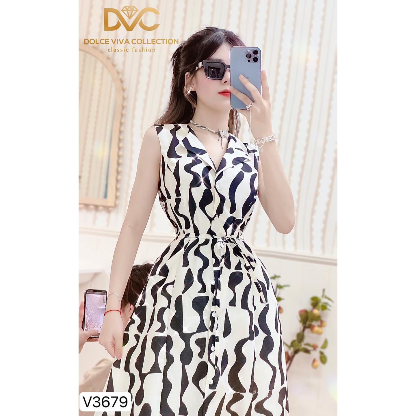 V3679 Váy đen trắng sát nách cổ vest (tặng kèm đai) váy đầm A xoè dài đen trắng sang chảnh