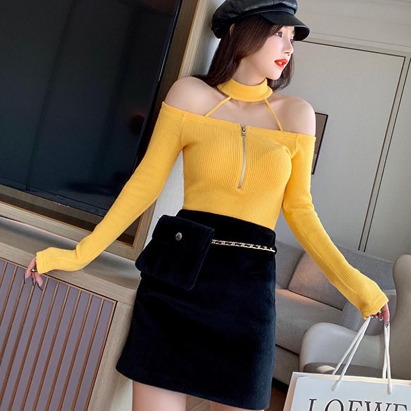 Áo dệt kim tay dài màu trơn thiết kế khoá kéo thanh lịch