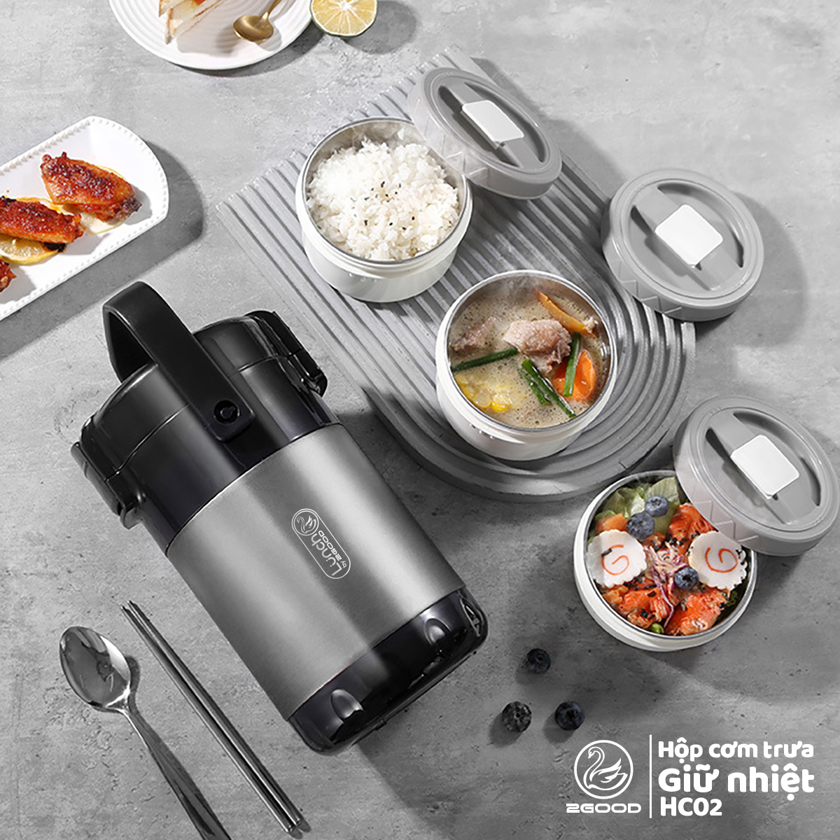 Bộ Hộp Cơm Giữ Nhiệt 2GOOD Lunch Box HC02 (2000ml) - Kèm Muỗng và Đũa Inox 304