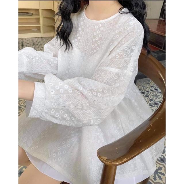 Áo babydoll phối ren tay bồng form rộng-kiểu dáng vintage