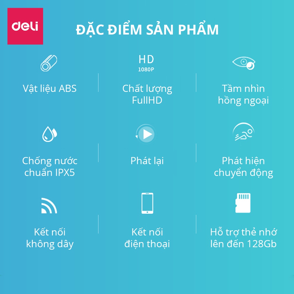 Camera Wifi IP Ngoài Trời Chống Nước PTZ Deli Full HD 1080P Xoay 360 Độ ES103 - Xem Đêm Có Màu - Đàm Thoại Hai Chiều Phát Hiện Chuyển Động - Hàng Chính Hãng - Phù Hợp Giám Sát An Ninh Gia Đình, Công Sở, Trường Học