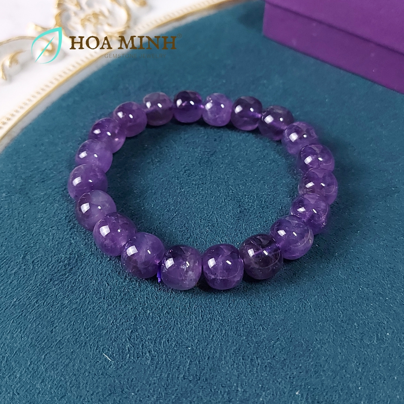 Vòng tay đá Thạch Anh Tím Amethyst tự nhiên hạt vuông bo tròn size 11 li phong cách cổ điển, hoàng gia
