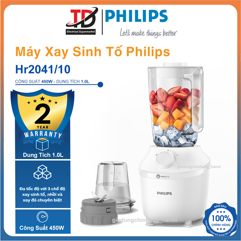 Máy Xay Sinh Tố Philips Hr2041/10, 450W xay ProBlend Nhuyễn Mịn - 2 Cối Nhựa, Hàng Chính Hãng