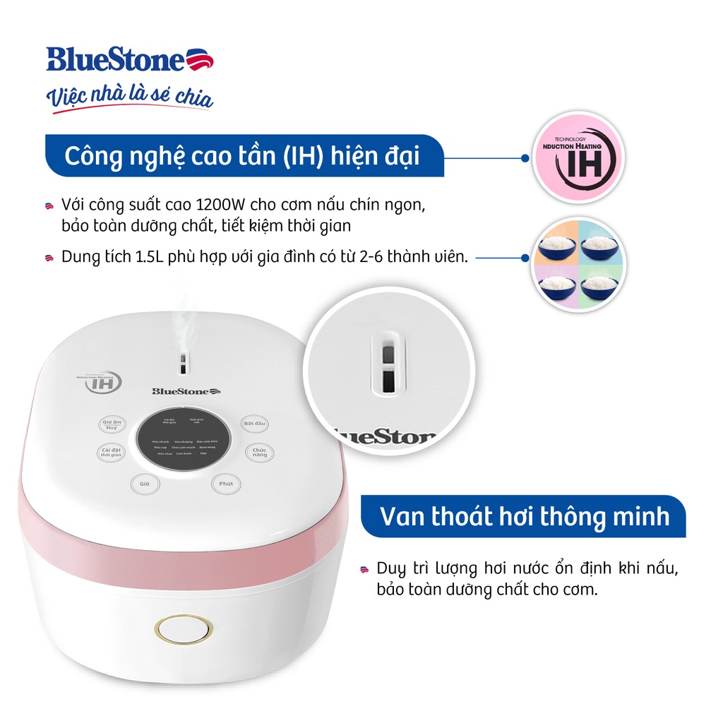 Nồi Cơm Điện Tử Cao Tần Bluestone RCB-5960, 1.5Lit-1200W, Lòng Nồi Siêu Dày, Hàng Chính Hãng