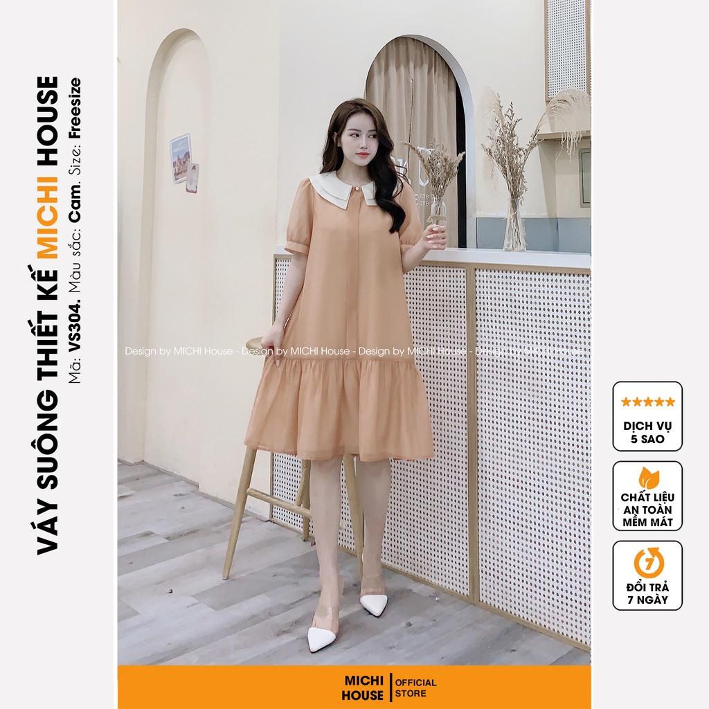 Váy suông Đuôi cá Ngắn tay Cổ trắng đính Cúc ngọc Freesize VS304 MICHI House Đầm xuông Thiết kế Form Bầu rộng Bigsize