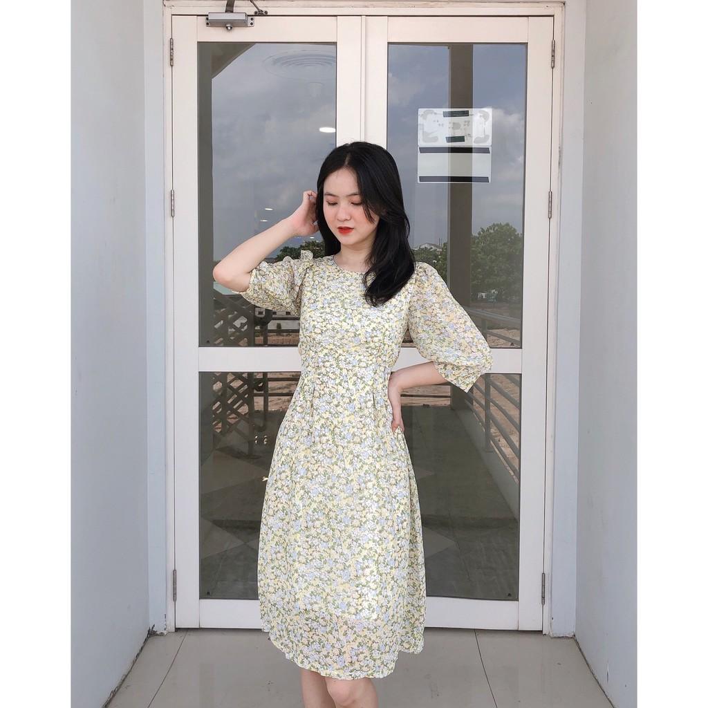 ĐẦM HOA LỤA 2 LỚP CỔ TRÒN TAY LỠ DÁNG XÒE CÓ DÂY CỘT PHẦN EO PHÍA SAU-hình thật shop chụp