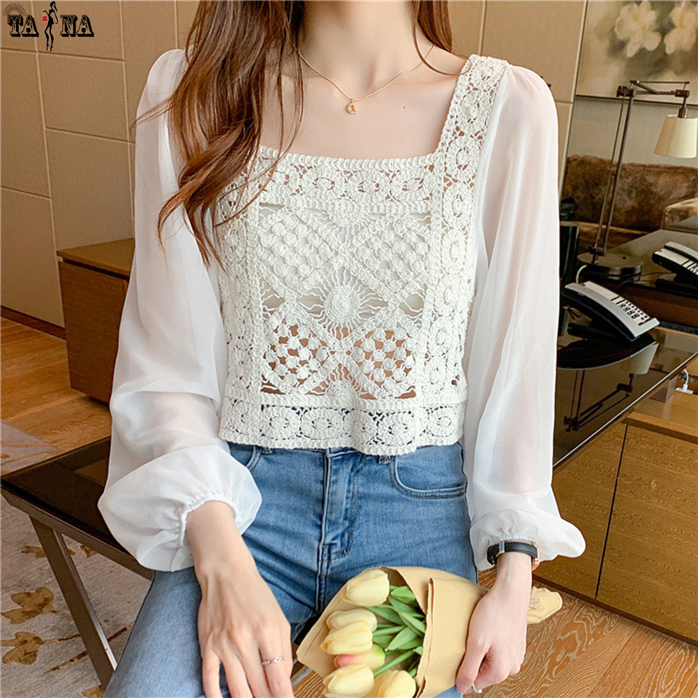 [XẢ KHO, GIẢM GIÁ] Áo crop top dệt kim tay dài voan mỏng kiểu dáng thời trang trẻ trung