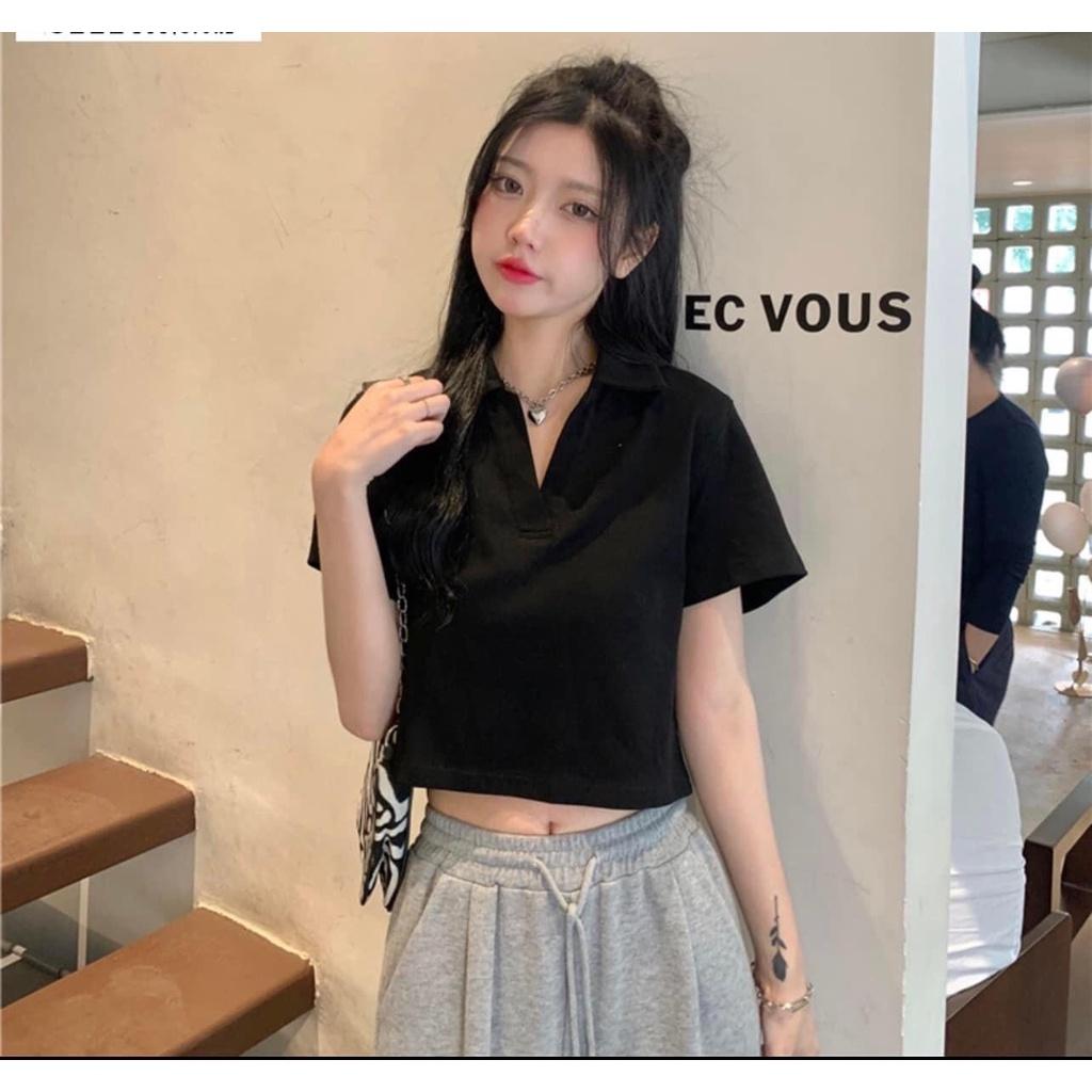 Áo croptop có cổ polo V nữ dáng suông tay ngắn chất cotton Simple cao cấp màu đen trắng đi chơi, đi làm