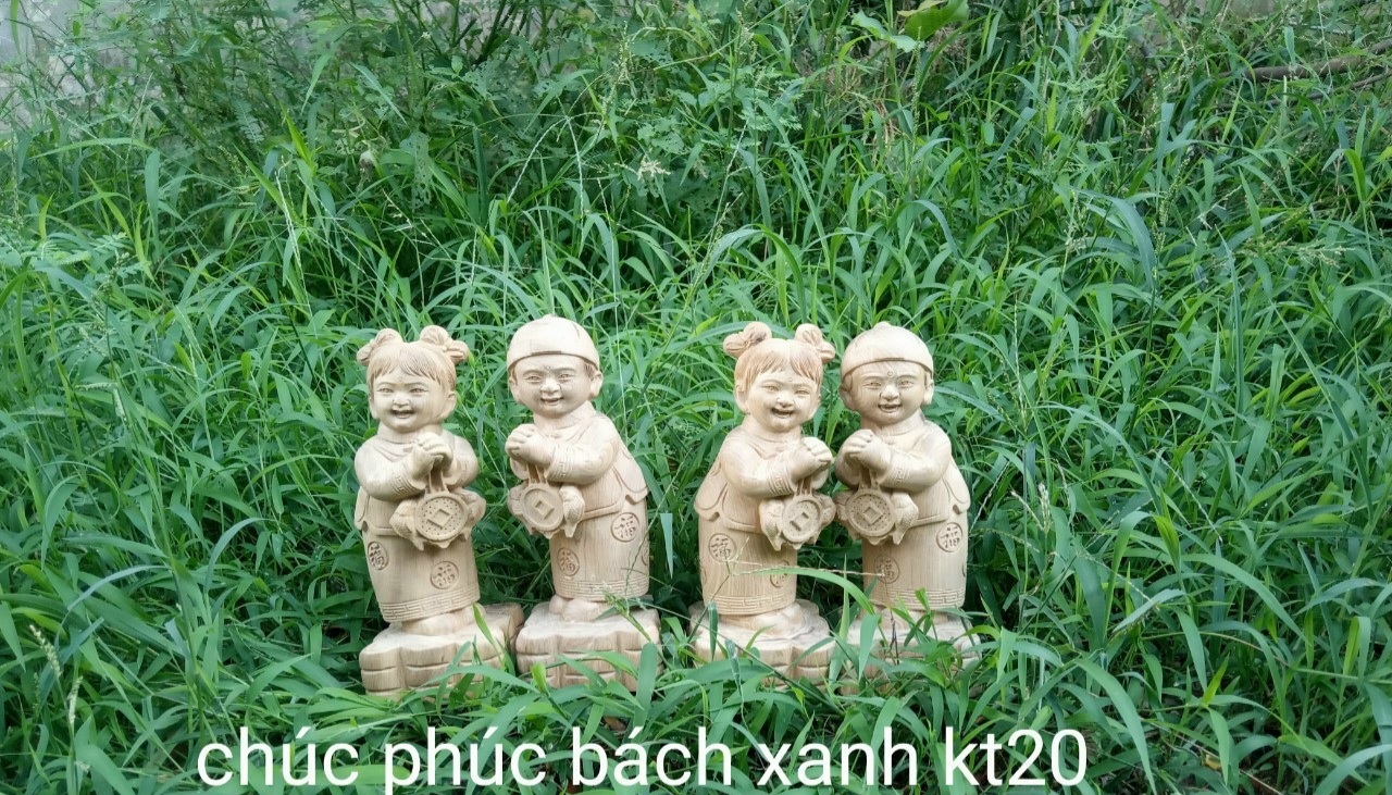 Cặp tượng điêu khắc tiểu đồng chúc phúc bằng gỗ bách xanh thơm nức kt cao 20cm