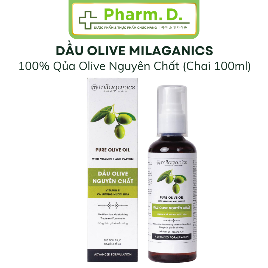 [CHÍNH HÃNG] Milaganics Pure Olive Oil 100ml – Dầu Olive Nguyên Chất Dưỡng Da, Dưỡng Tóc, Mờ Rạn