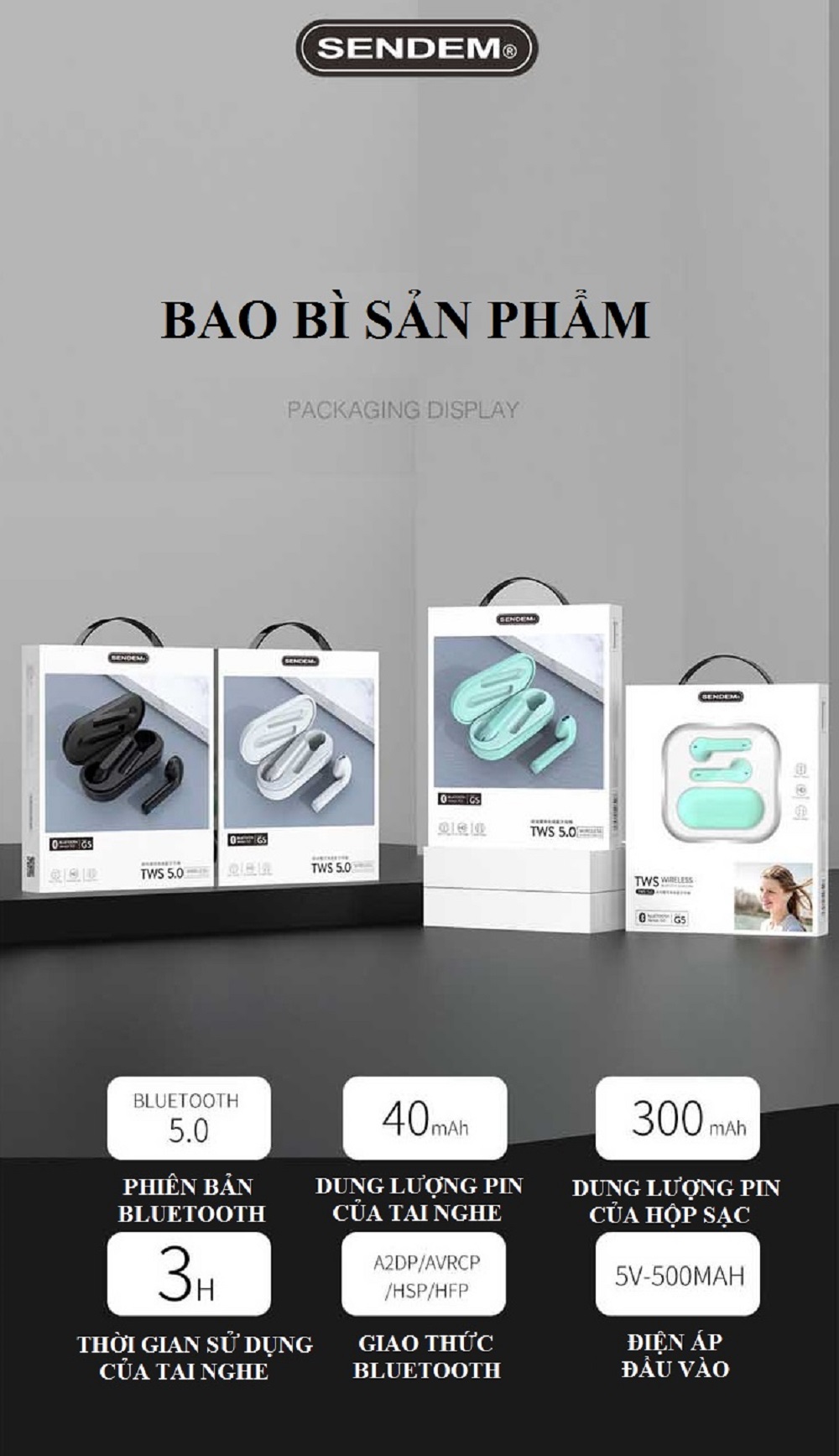 Tai nghe Bluetooth V5.0 True Wireless TWS SENDEM G5 hàng cao cấp - Thiết kế thời trang - Cài tai chắc chắn - Âm thanh cực đỉnh - Công nghệ CVC chống ồn tốt - Hàng chính hãng