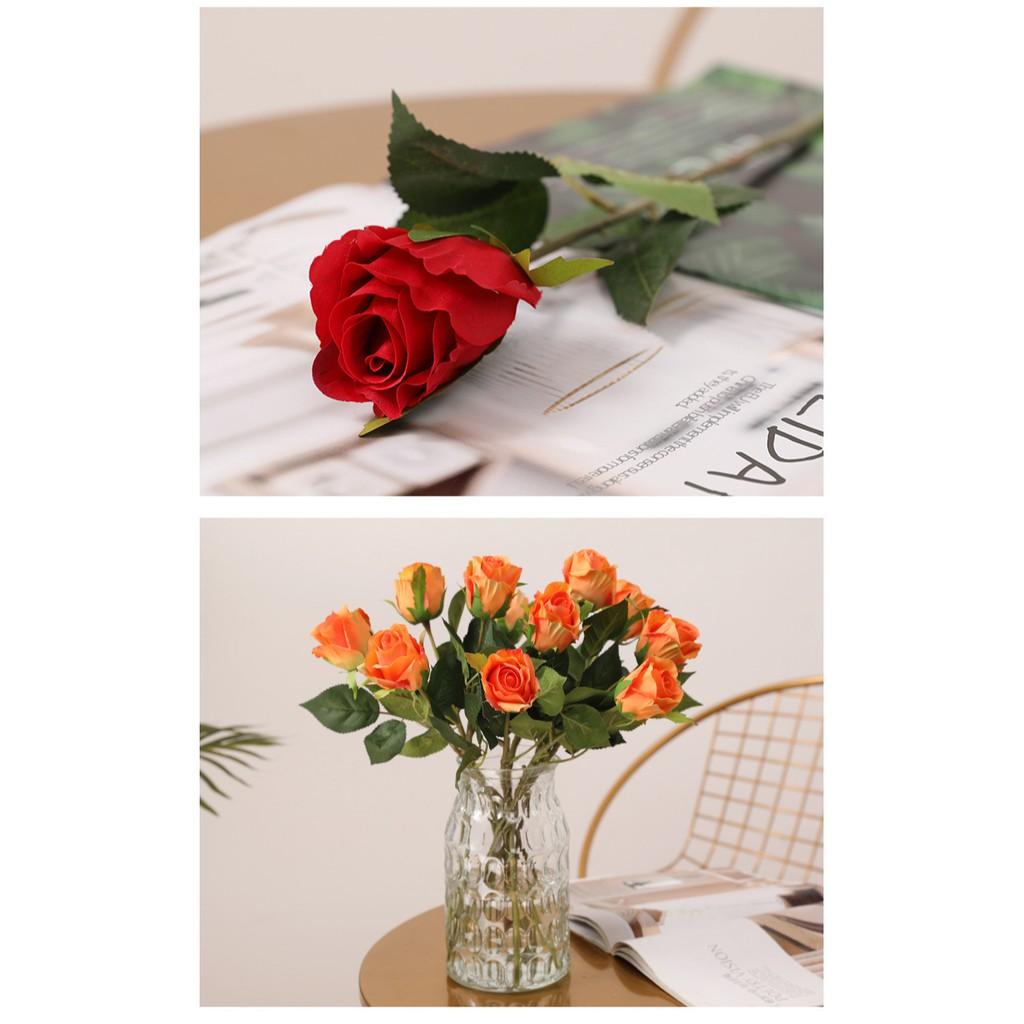 Cành hồng lụa hoa nhân tạo 40cm cánh nhún giống y hoa thật