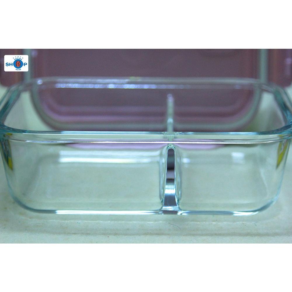 Hộp đựng thực phẩm, hộp cơm thủy tinh 2 ngăn 1000ml để tủ lạnh, lò vi sóng