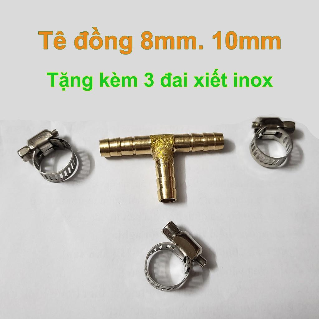 Tê đồng 8 ly, 10 mm nối dây ống mềm tặng kèm 3 đai xiết inox dùng nối ống dẫn nước, hơi, khí gas