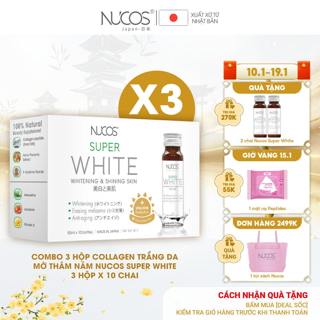 Combo 3 Hộp Collagen trắng da mờ thâm nám Nucos Super White 3x50mlx10chai