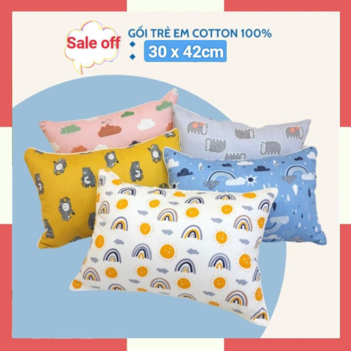 Gối Trẻ Em Cotton 100% Xuất Hàn Cho Bé Từ 1-5 Tuổi, Gối Cotton 100% Cho Bé 30 x 42cm Mềm Mát