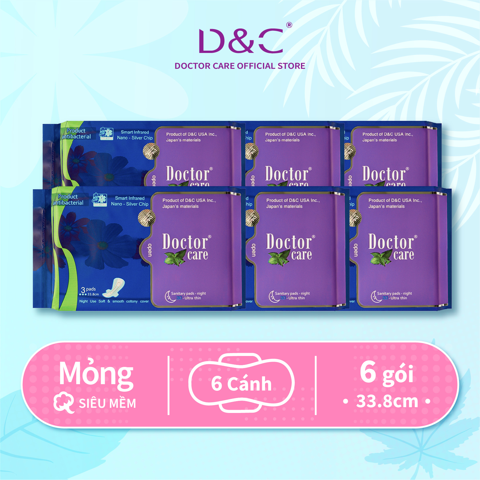 Combo 6 Băng vệ sinh ban đêm Doctor Care tinh chất thảo dược 33.8cm siêu thấm hút