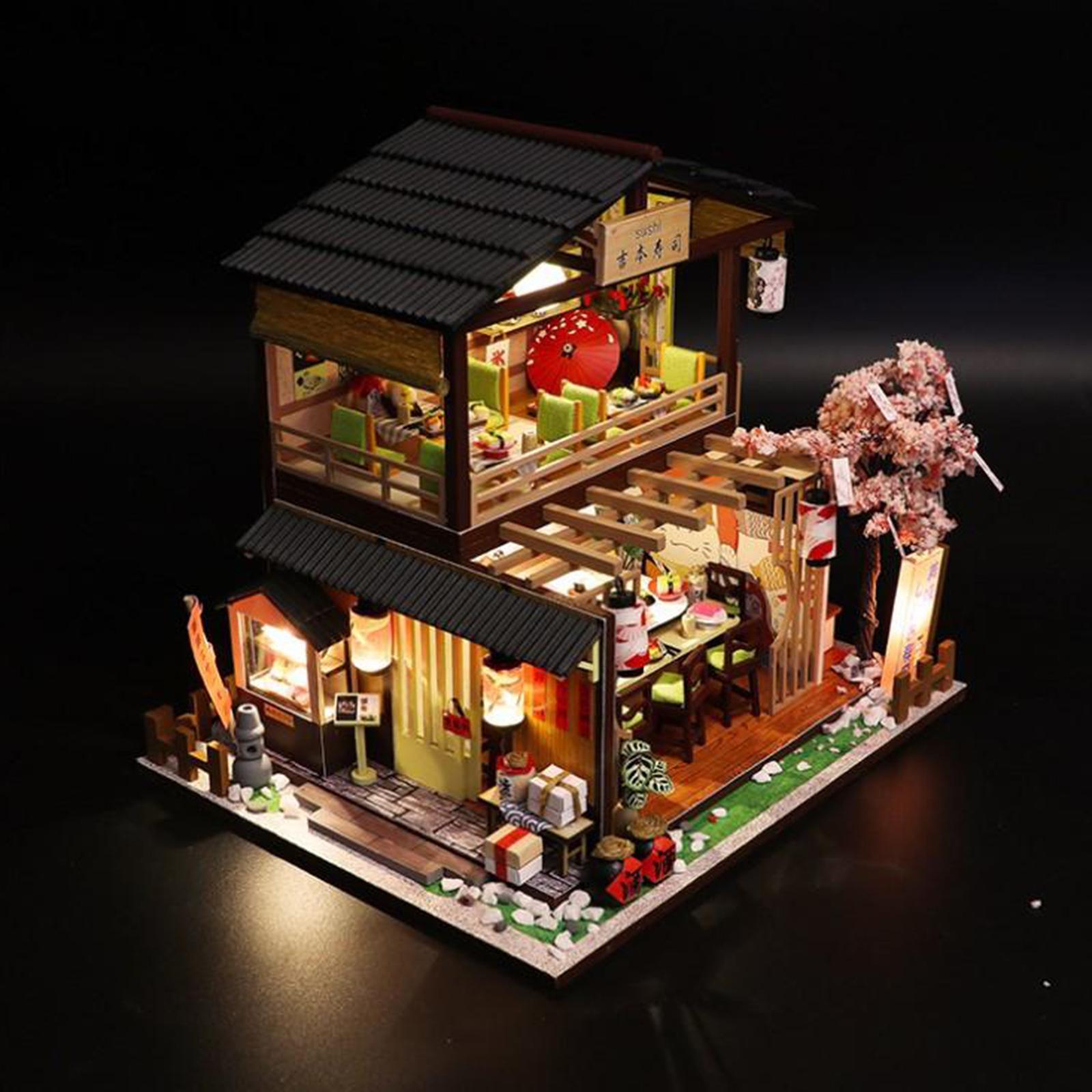 DIY Miniature Dollhouse Kit with Furniture & LED Light Warm Sushi Shop Gifts