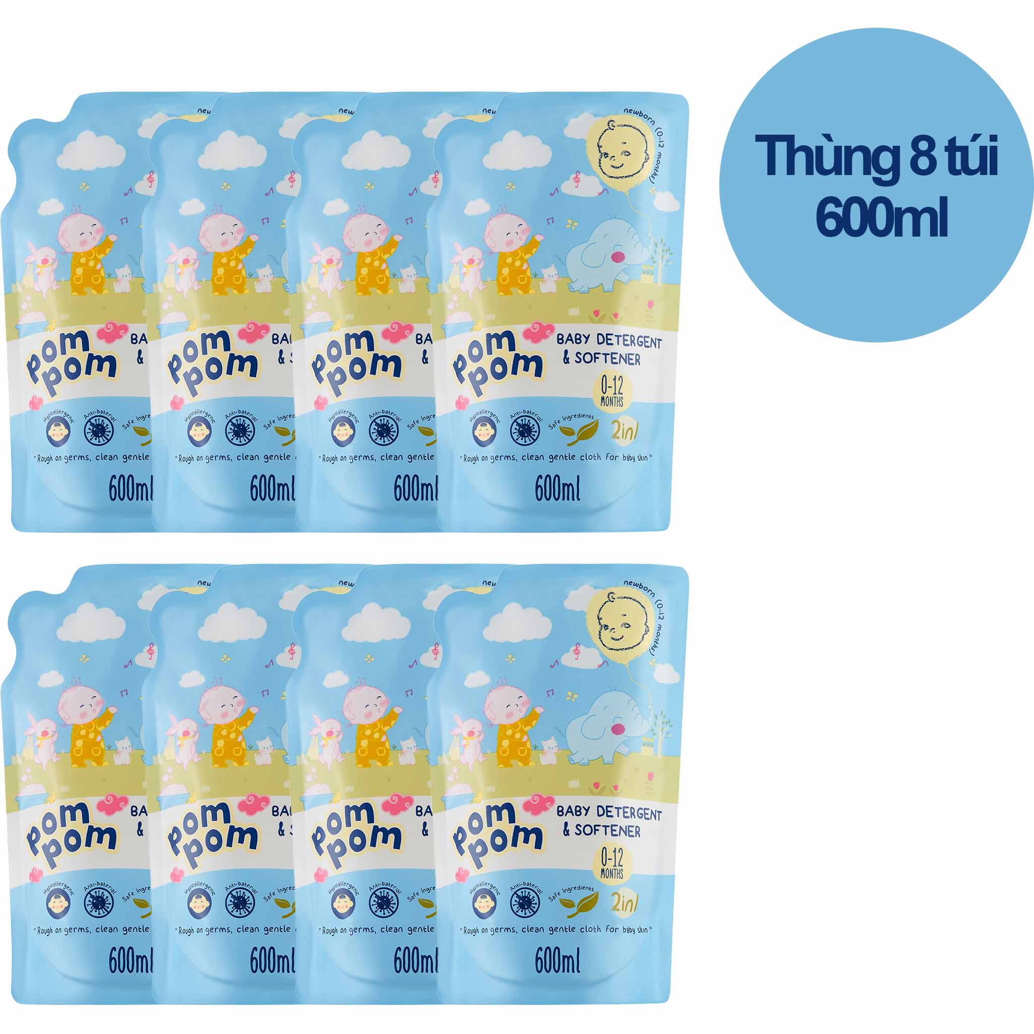 Thùng 8 Túi Nước Giặt Xả Pom Pom Newborn chuyên biệt dành cho bé sơ sinh 600ml (0 - 12 tháng)