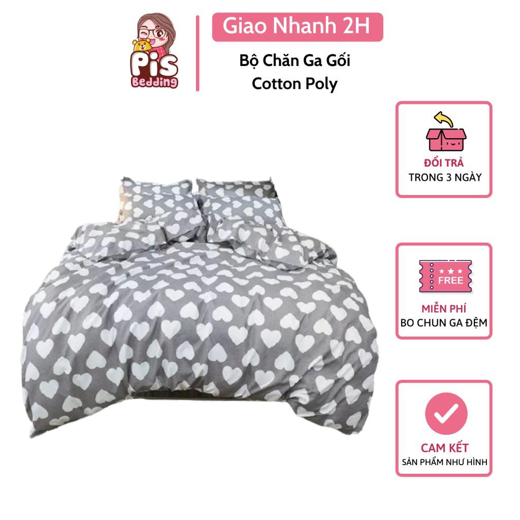 Bộ Chăn Ga Gối Cotton Poly Tim Ghi