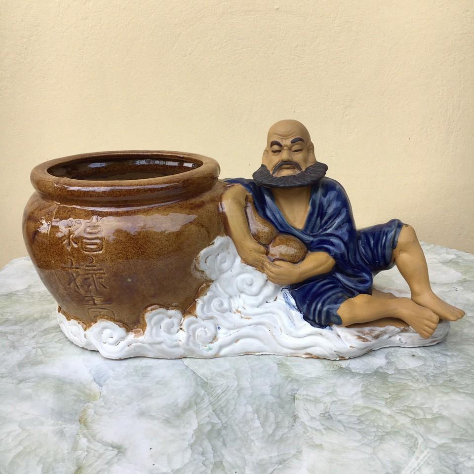Chậu tượng Ông ngồi bên chậu men màu xanh ngọc gốm Bát tràng 1 size CT-57