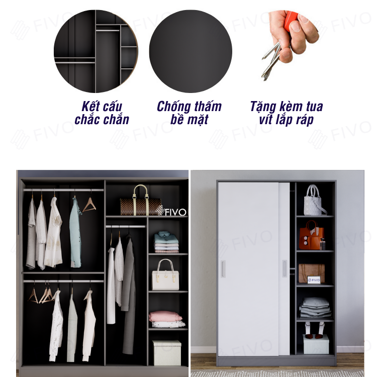 Tủ Áo Quần Cửa Trượt Màu Xám Sang Trọng FIVO FC31, Gỗ Chống Ẩm Cao Cấp Dày Dặn, Sức Chứa Bên Trong Lớn